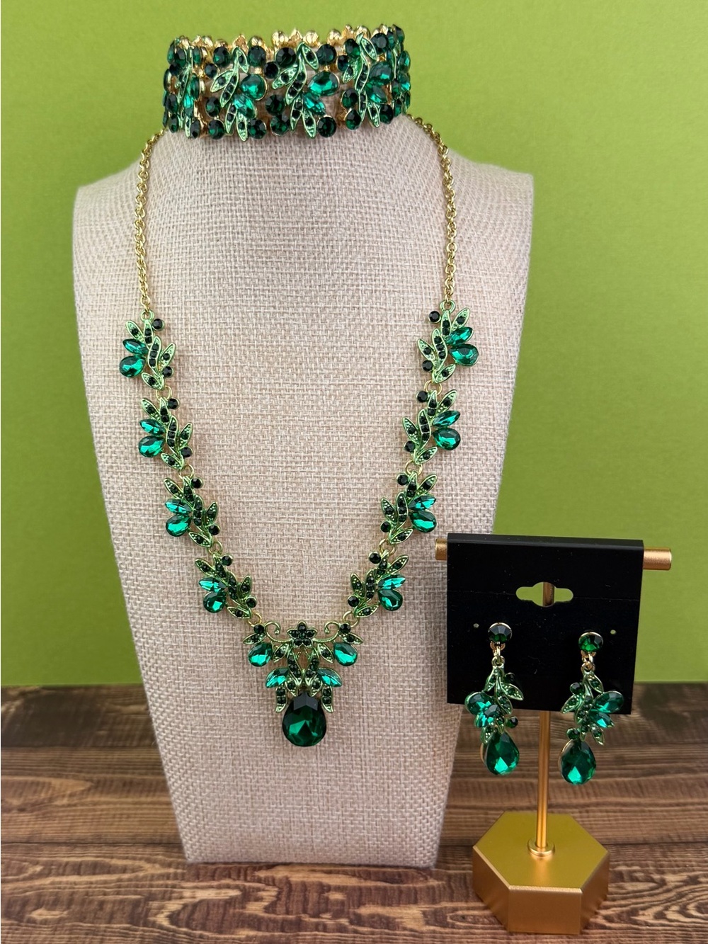 Emerald Green Crystal Vine Statement Necklace, Stretch Bracelet & Drop Earrings